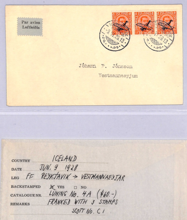 ICELAND Air Mail 1928 Cover FIRST FLIGHT Reykjavik *Vestmannaeyjar* {Joffe}WT63 - Image 5