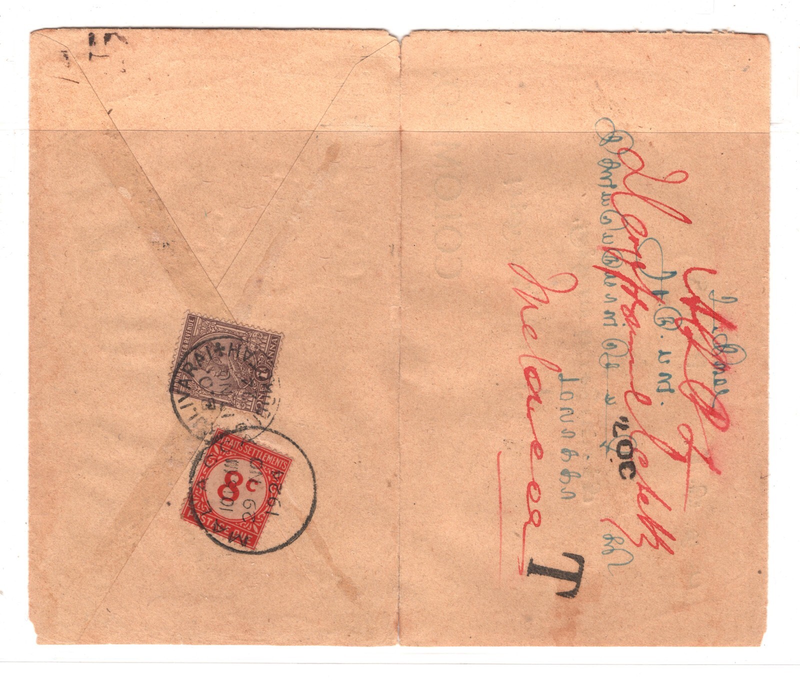 INDIA Cover MALAYA *POSTAGE DUE* STRAITS 8c Malacca 1924 CDS Ex Kulivarai KT40 - Image 3