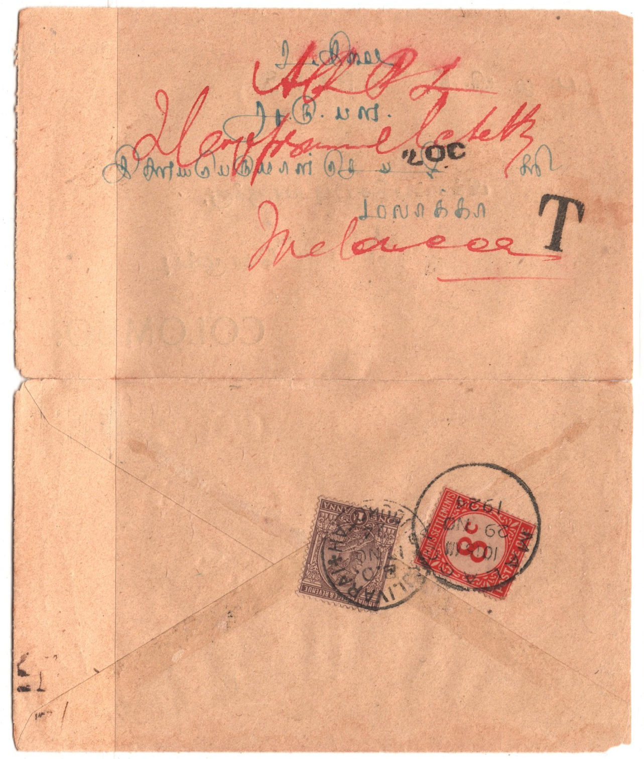 INDIA Cover MALAYA *POSTAGE DUE* STRAITS 8c Malacca 1924 CDS Ex Kulivarai KT40 - Image 4