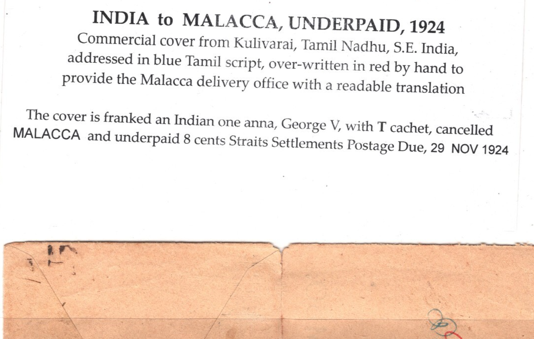 INDIA Cover MALAYA *POSTAGE DUE* STRAITS 8c Malacca 1924 CDS Ex Kulivarai KT40 - Image 8