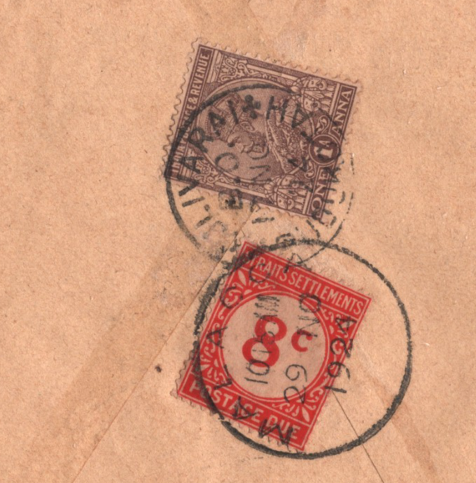 INDIA Cover MALAYA *POSTAGE DUE* STRAITS 8c Malacca 1924 CDS Ex Kulivarai KT40