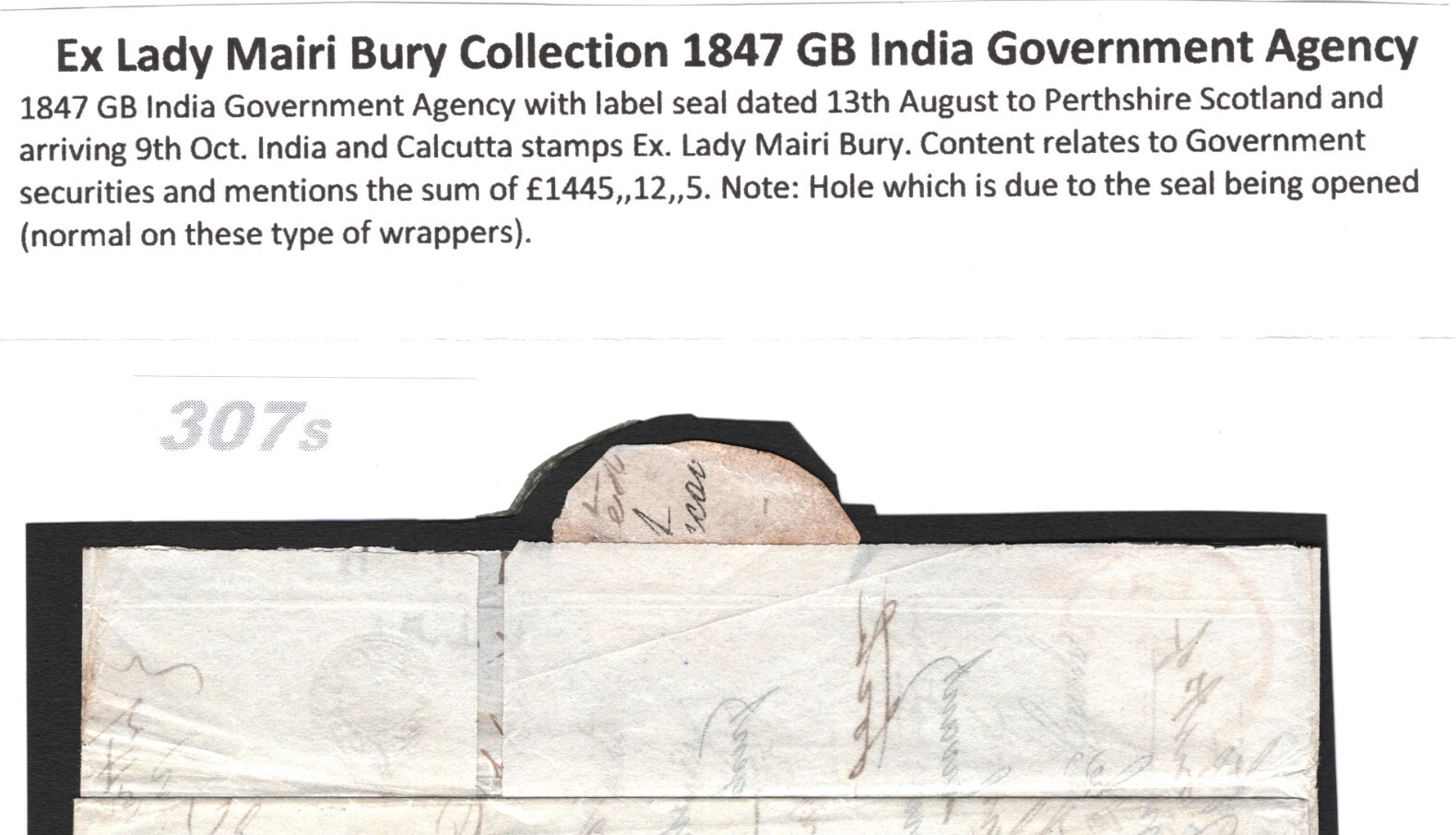 INDIA GB MAIL Official Cover GOVERNMENT AGENT *Wafer Seal* 1847 EL Perths 307s - Image 11