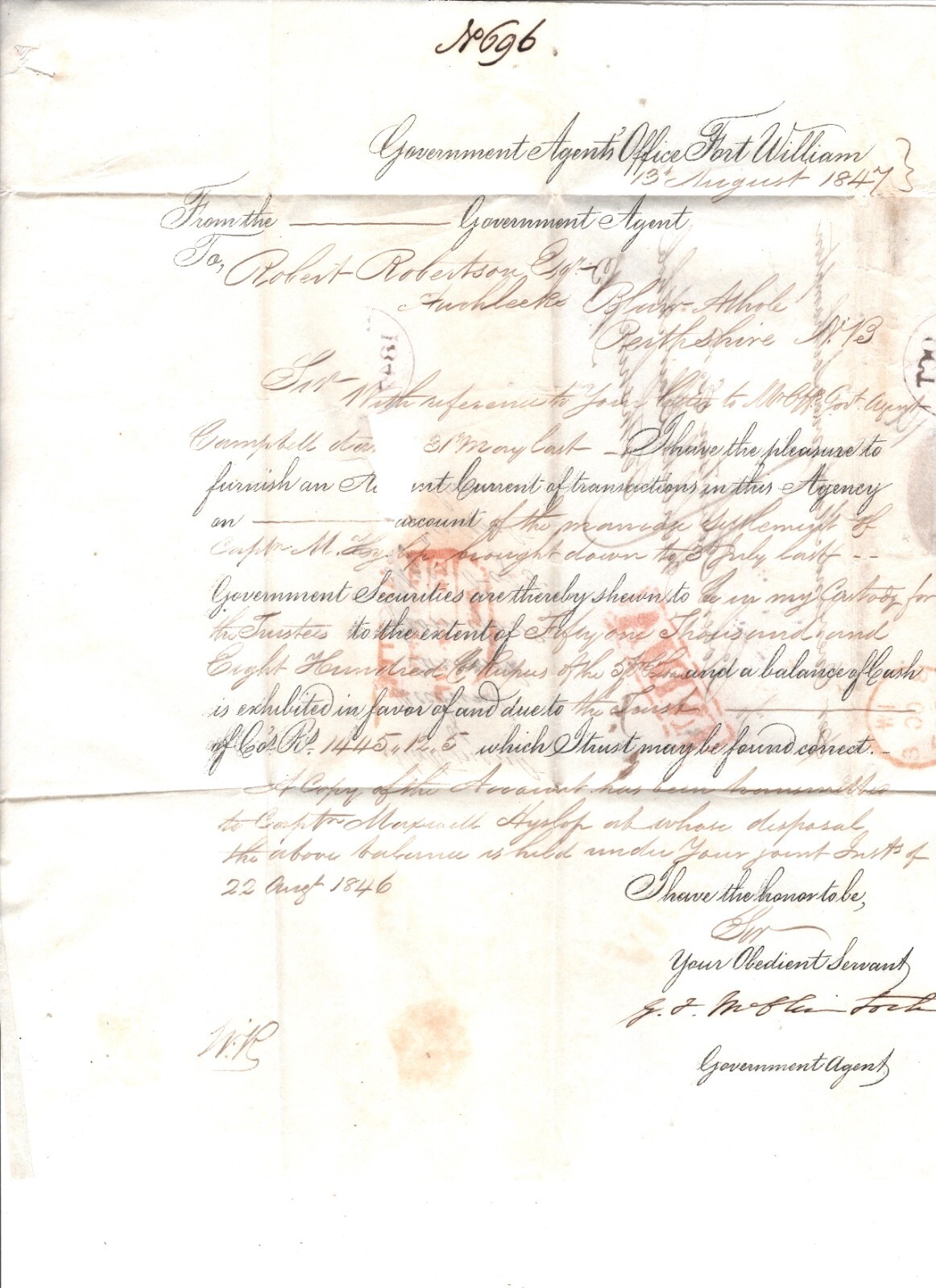 INDIA GB MAIL Official Cover GOVERNMENT AGENT *Wafer Seal* 1847 EL Perths 307s - Image 6