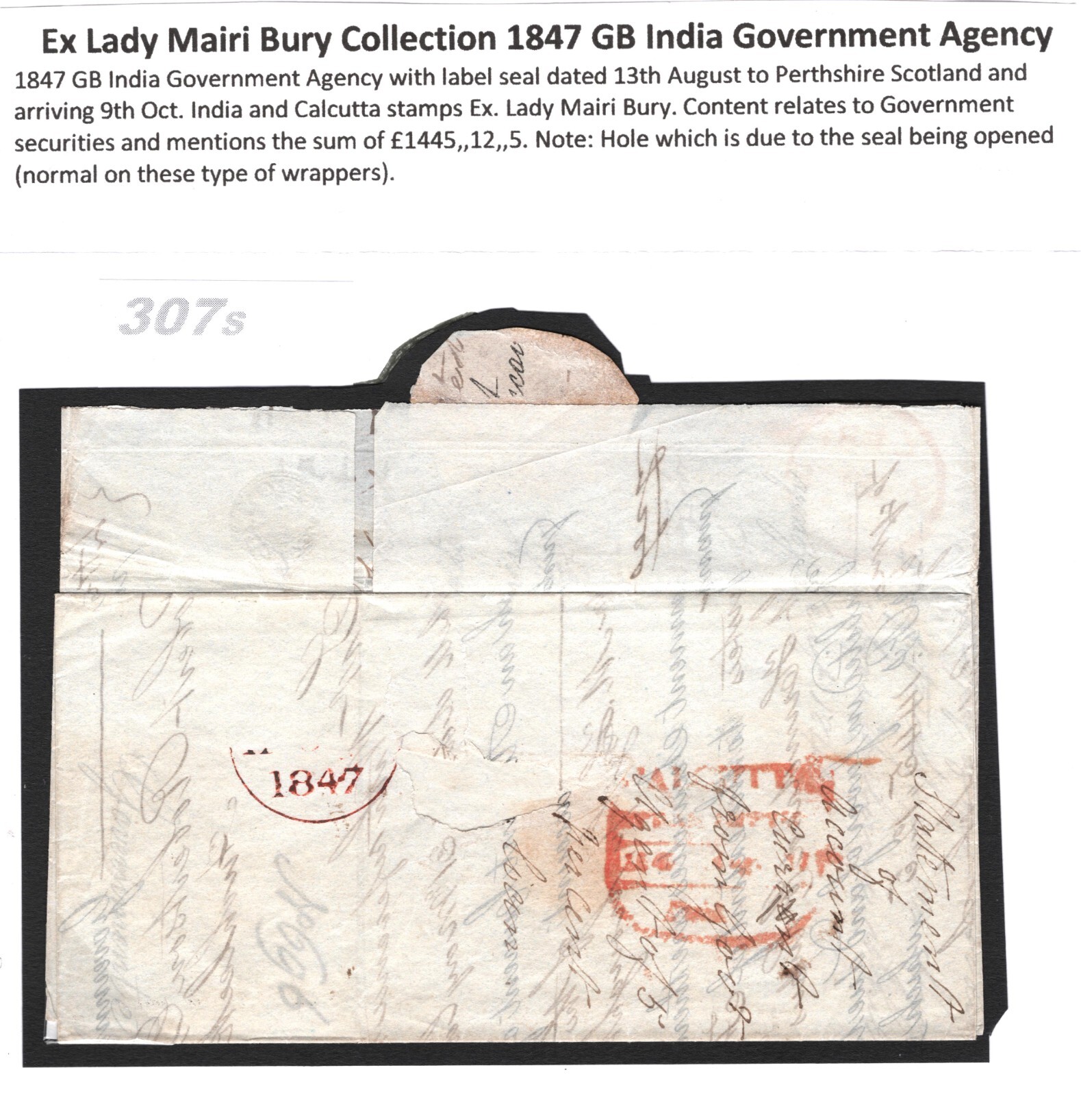 INDIA GB MAIL Official Cover GOVERNMENT AGENT *Wafer Seal* 1847 EL Perths 307s - Image 8