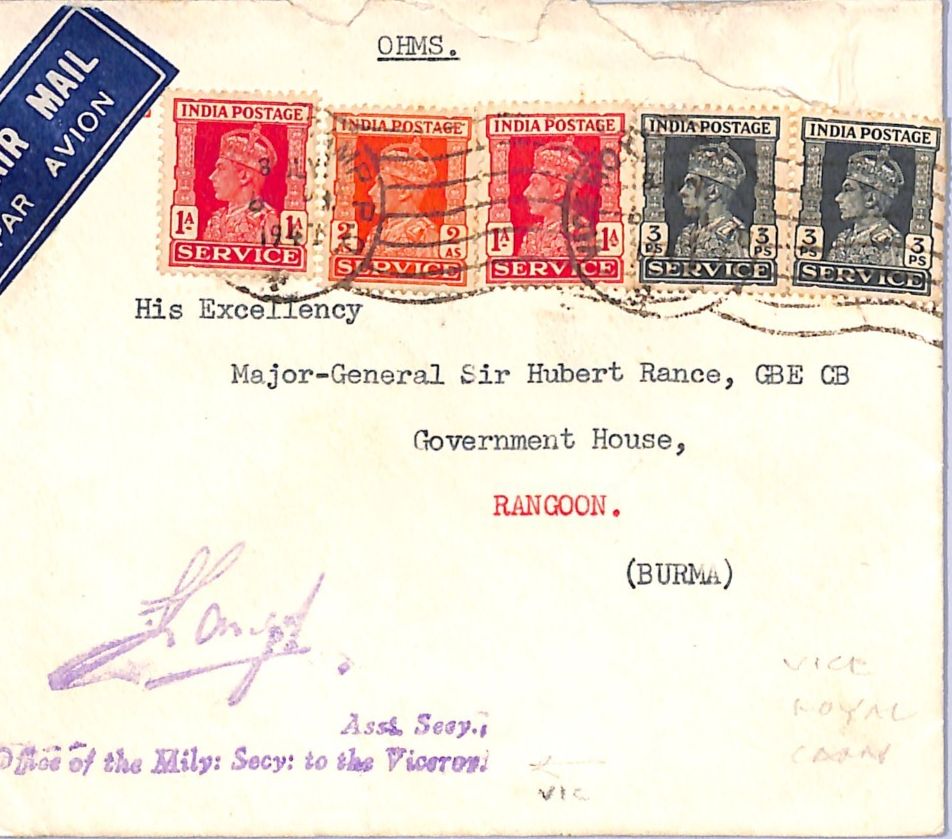 INDIA OHMS Official Cover *VICE ROYAL CAMP* MACHINE 1947 Burma Rangoon Govt VE50 - Image 3