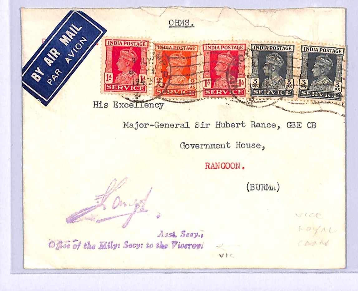 INDIA OHMS Official Cover *VICE ROYAL CAMP* MACHINE 1947 Burma Rangoon Govt VE50 - Image 5