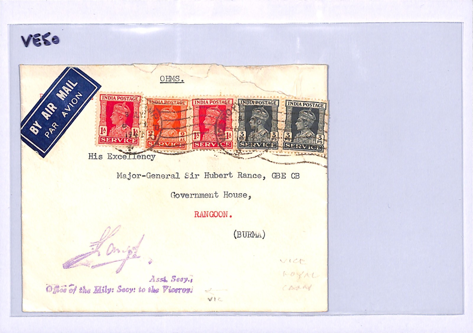 INDIA OHMS Official Cover *VICE ROYAL CAMP* MACHINE 1947 Burma Rangoon Govt VE50 - Image 7