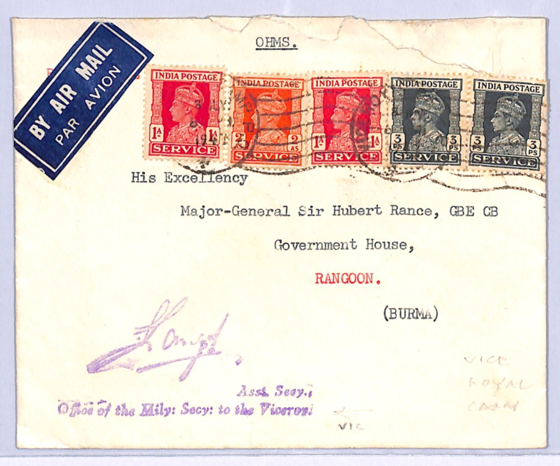 INDIA OHMS Official Cover *VICE ROYAL CAMP* MACHINE 1947 Burma Rangoon Govt VE50