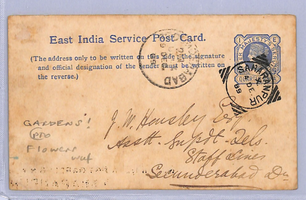 INDIA QV Official Card *GOVT BOTANICAL GARDENS* Cachet NWP Saharanpur 1889 VE55 - Image 2