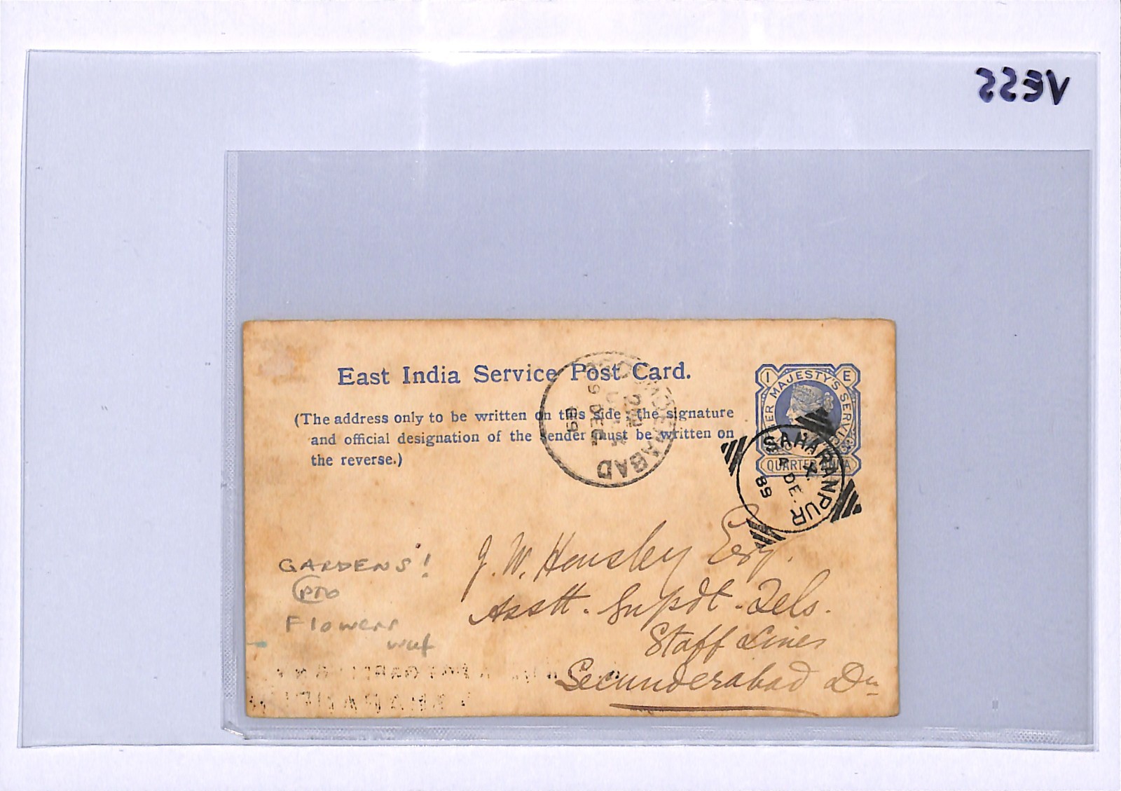 INDIA QV Official Card *GOVT BOTANICAL GARDENS* Cachet NWP Saharanpur 1889 VE55 - Image 5