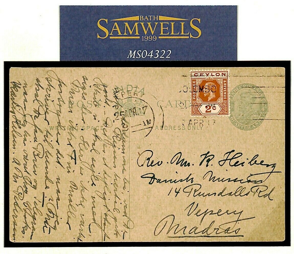 INDIA Stationery Card USED CEYLON 2c Colombo 1917 Madras {samwells-covers}MS4322 - Image 3