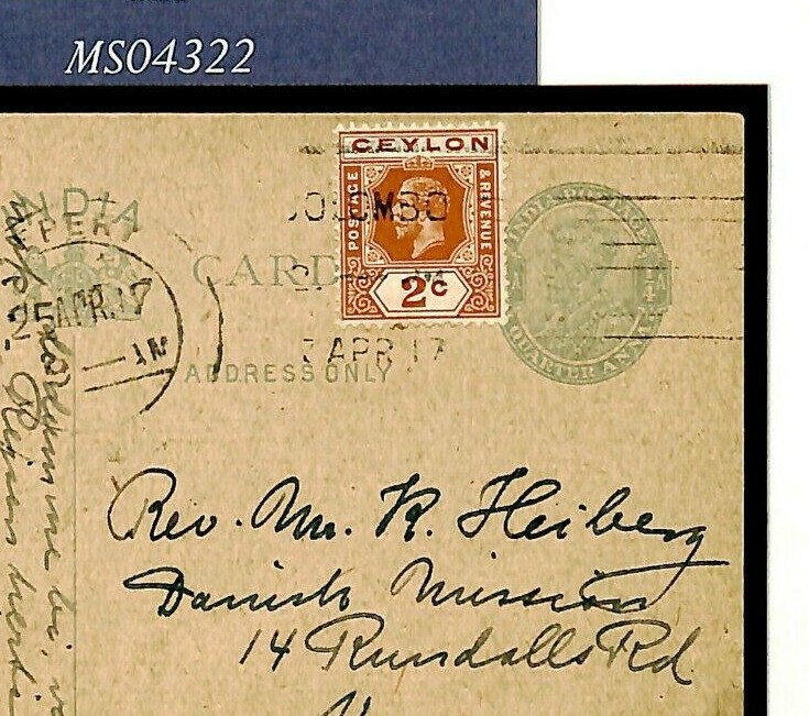 INDIA Stationery Card USED CEYLON 2c Colombo 1917 Madras {samwells-covers}MS4322