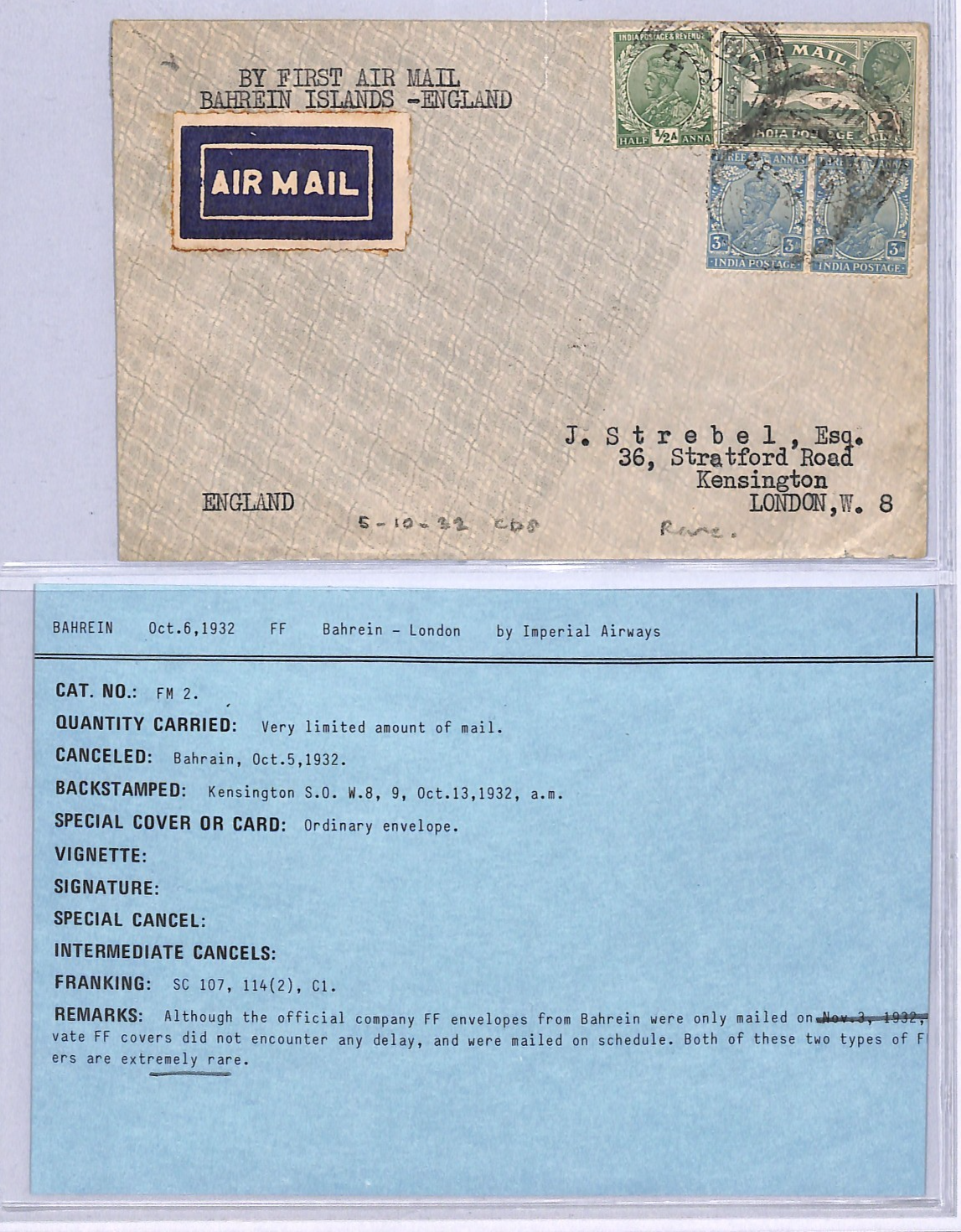 INDIA USED *BAHRAIN* Air 1932 Cover IMPERIAL FIRST FLIGHT Gulf-London {Joffe}VT1 - Image 6