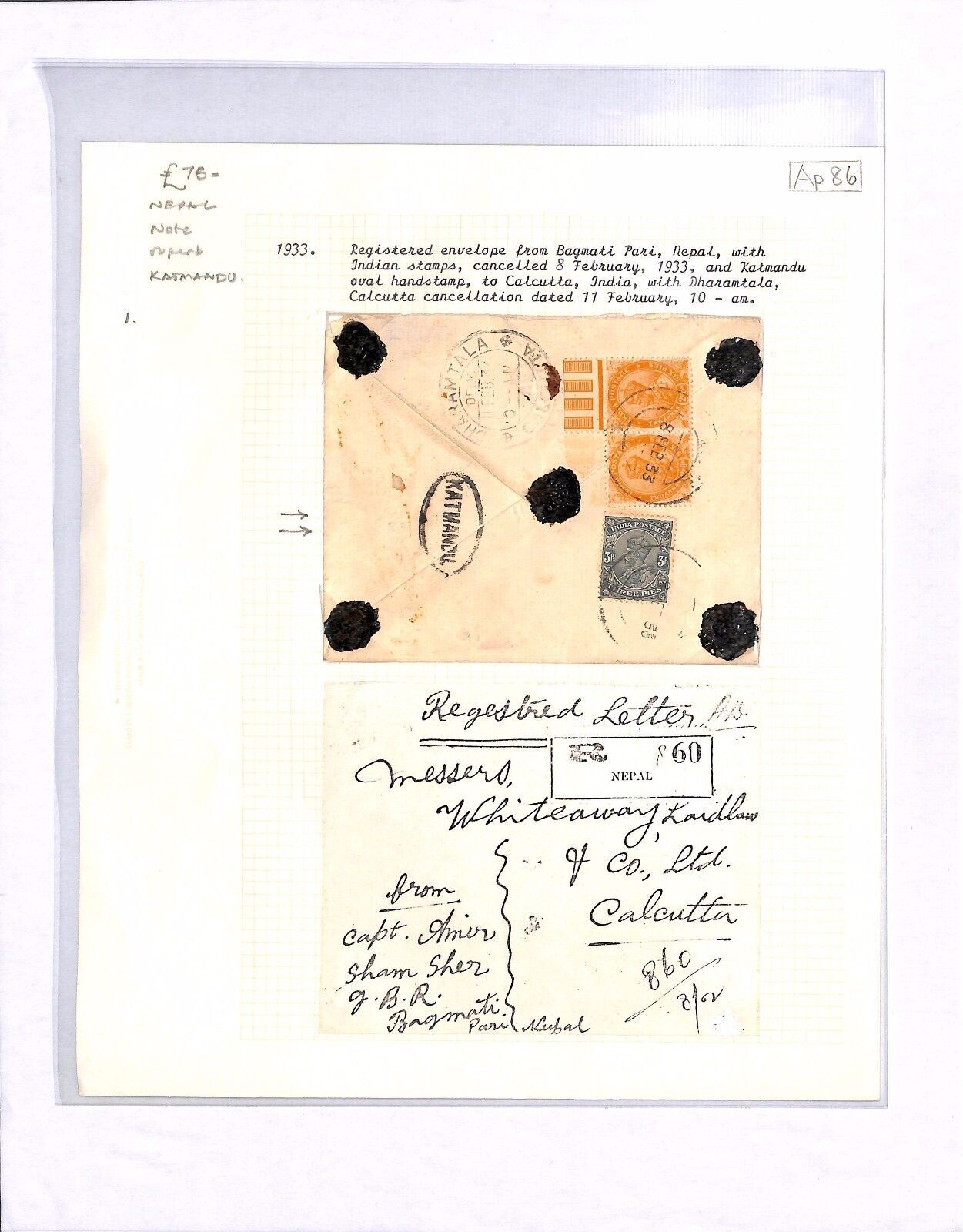 INDIA USED NEPAL *Bagmati Pari* KGV Cover GURKHA Officer 1933 Military Regd Ap86 - Image 7