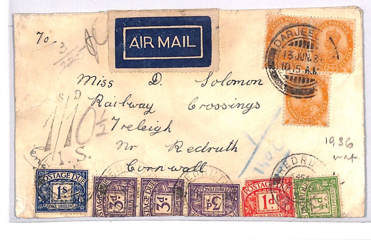 INDIA Underpaid Air Cover GB *1s/10½d* Charge POSTAGE DUES 1936 Darjeeling WJ319 - Image 2