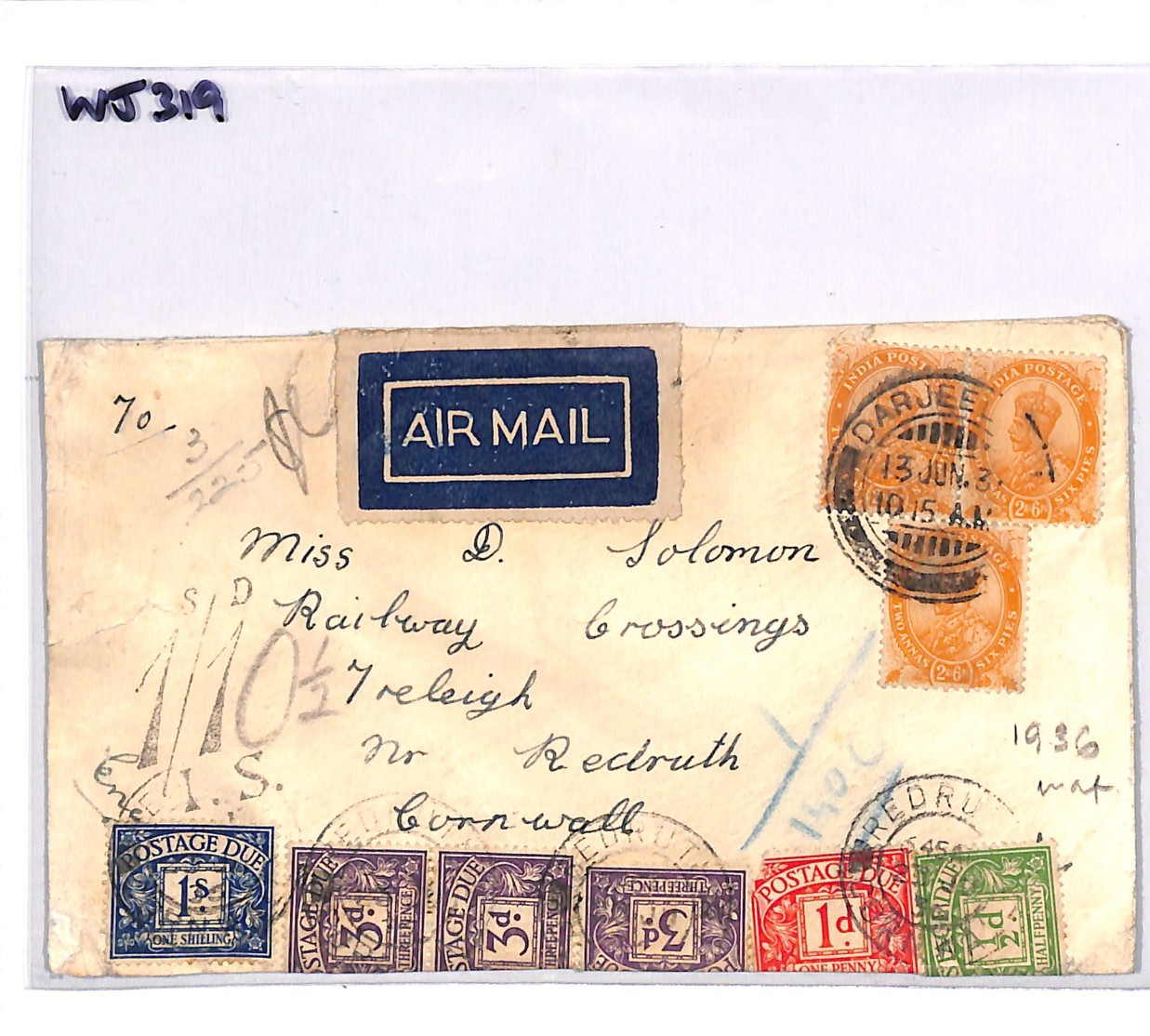 INDIA Underpaid Air Cover GB *1s/10½d* Charge POSTAGE DUES 1936 Darjeeling WJ319 - Image 9