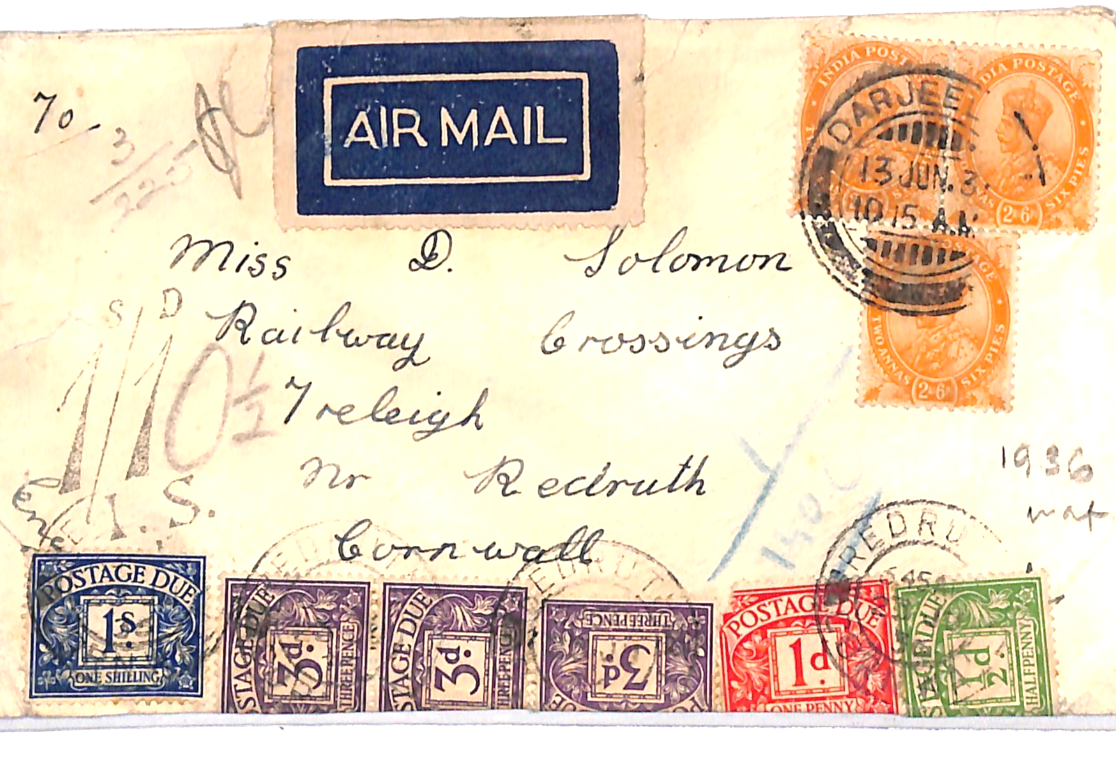INDIA Underpaid Air Cover GB *1s/10½d* Charge POSTAGE DUES 1936 Darjeeling WJ319