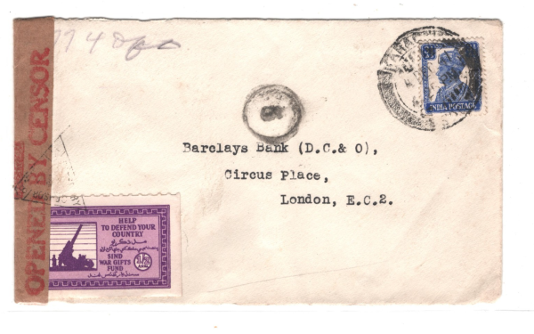 INDIA WW2 Cover *SIND WAR GIFTS FUND* Label Tied CENSOR Karachi Bank 1941 KA717 - Image 3