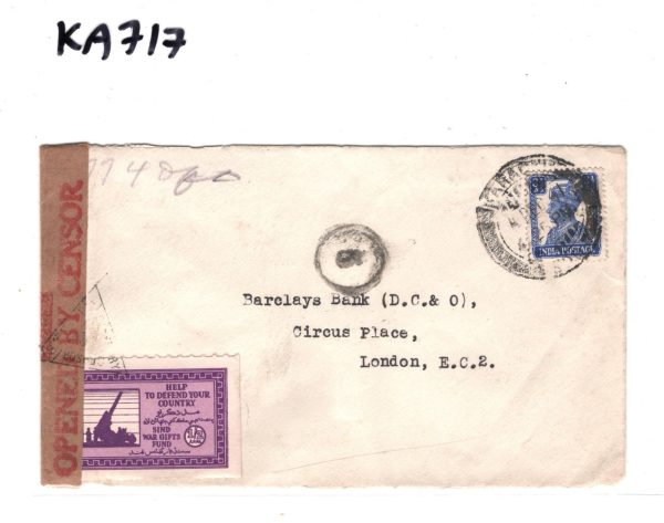 INDIA WW2 Cover *SIND WAR GIFTS FUND* Label Tied CENSOR Karachi Bank 1941 KA717 - Image 5