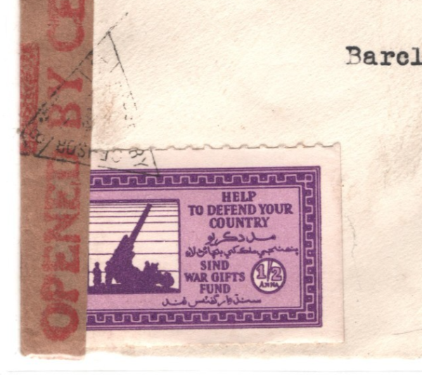 INDIA WW2 Cover *SIND WAR GIFTS FUND* Label Tied CENSOR Karachi Bank 1941 KA717