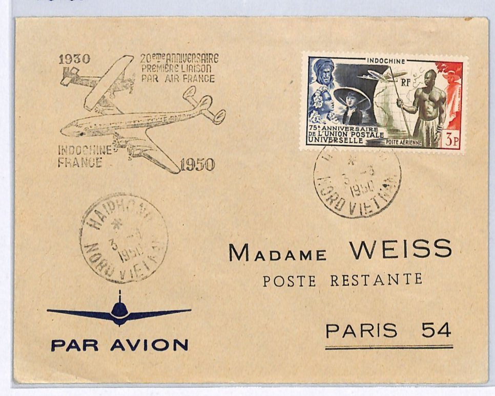 INDOCHINA France Cols Air 1950 Cover *UPU* 3f WARRIOR Haiphong-Paris Flown WX181 - Image 3