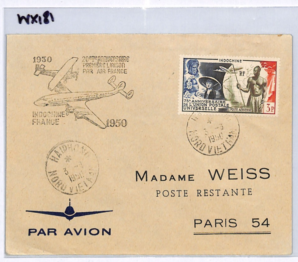 INDOCHINA France Cols Air 1950 Cover *UPU* 3f WARRIOR Haiphong-Paris Flown WX181 - Image 7