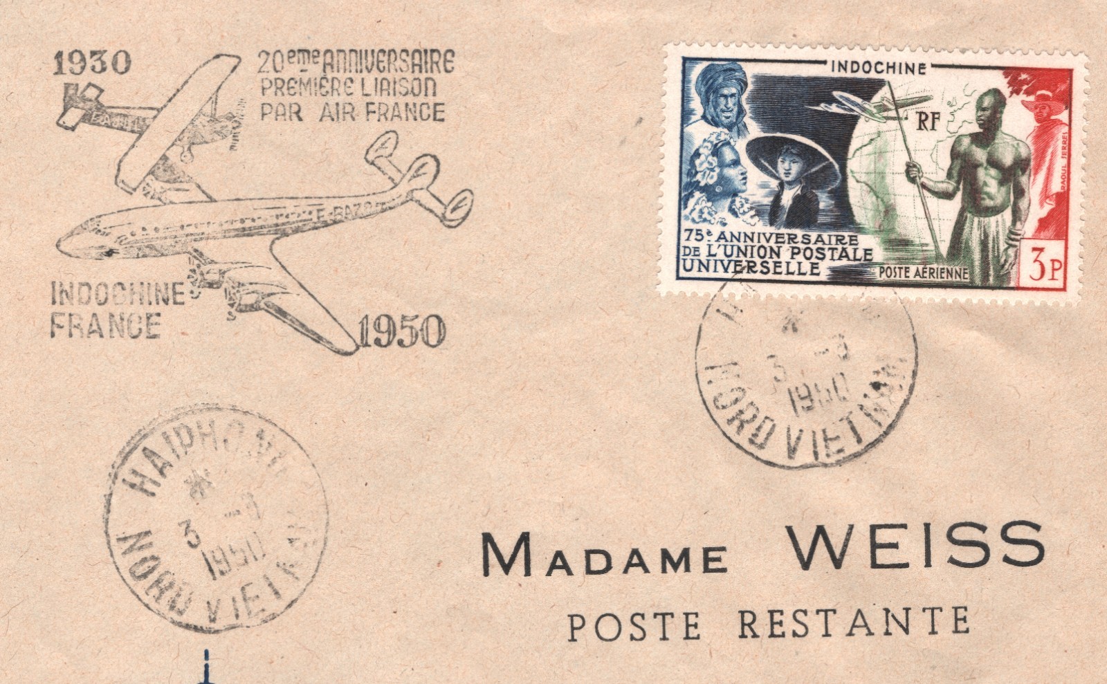 INDOCHINA France Cols Air 1950 Cover *UPU* 3f WARRIOR Haiphong-Paris Flown WX181 - Image 9