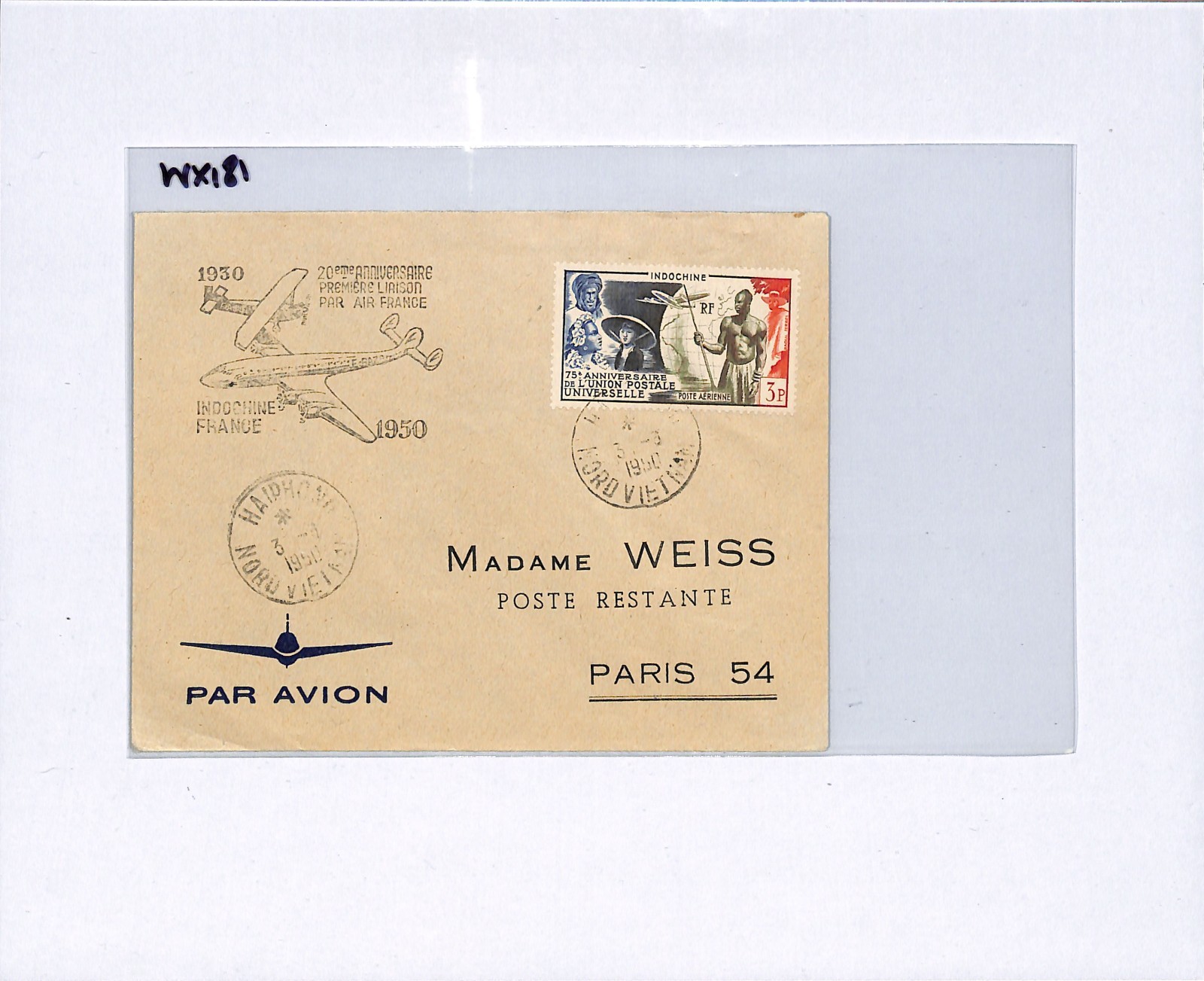 INDOCHINA France Cols Air 1950 Cover *UPU* 3f WARRIOR Haiphong-Paris Flown WX181 - Image 10
