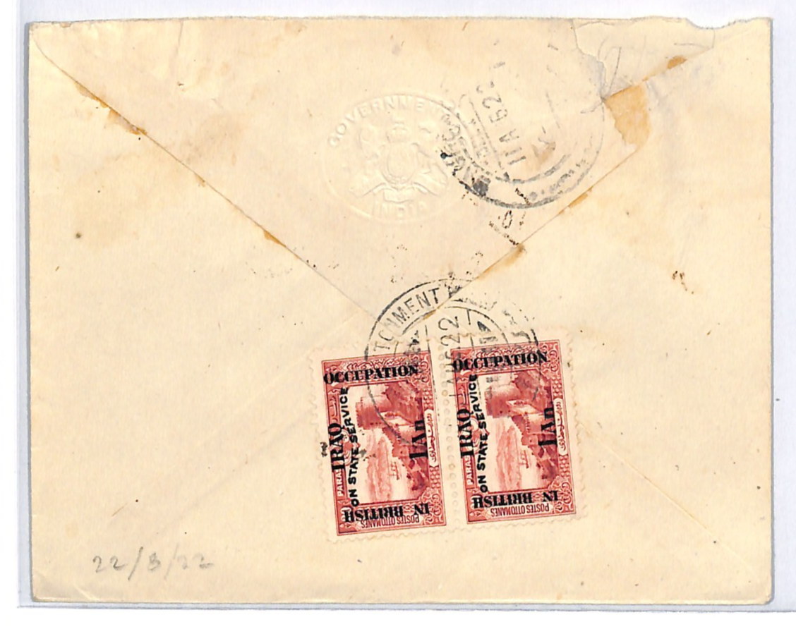 IRAQ BRITISH OCCUPATION 1922 Official *INDIA GOVT* Cover BRITISH HOSPITAL WJ16 - Image 3