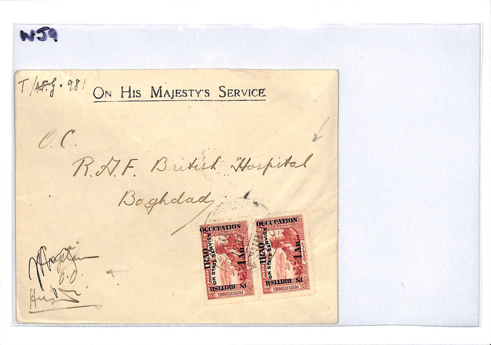 IRAQ BRITISH OCCUPATION 1922 Official *INDIA GOVT* Cover BRITISH HOSPITAL WJ9 - Image 6
