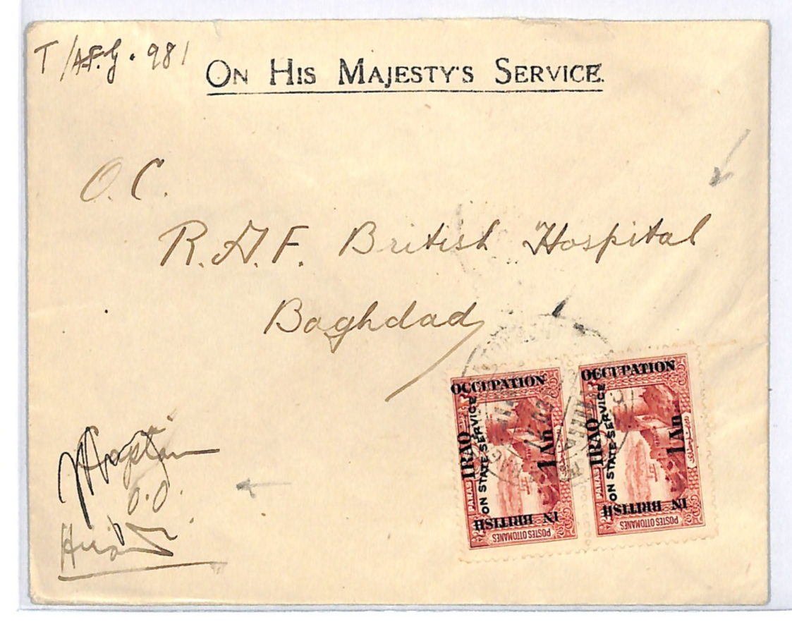 IRAQ BRITISH OCCUPATION 1922 Official *INDIA GOVT* Cover BRITISH HOSPITAL WJ9