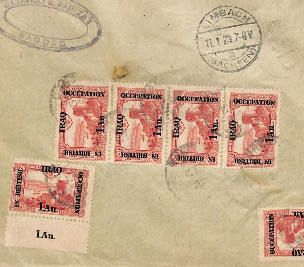 IRAQ BRITISH OCCUPATION 1a Strip Cover Baghdad Reg 1923 Germany Limbach WJ19