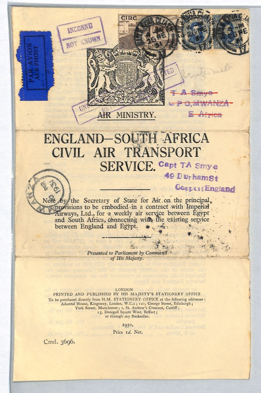IRELAND EIRE Imperial Airways Cover 1931 AIR Notice TANGANYIKA (KUT) RETOUR VL4 - Image 2