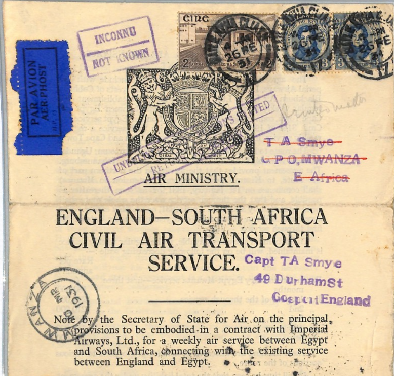 IRELAND EIRE Imperial Airways Cover 1931 AIR Notice TANGANYIKA (KUT) RETOUR VL4