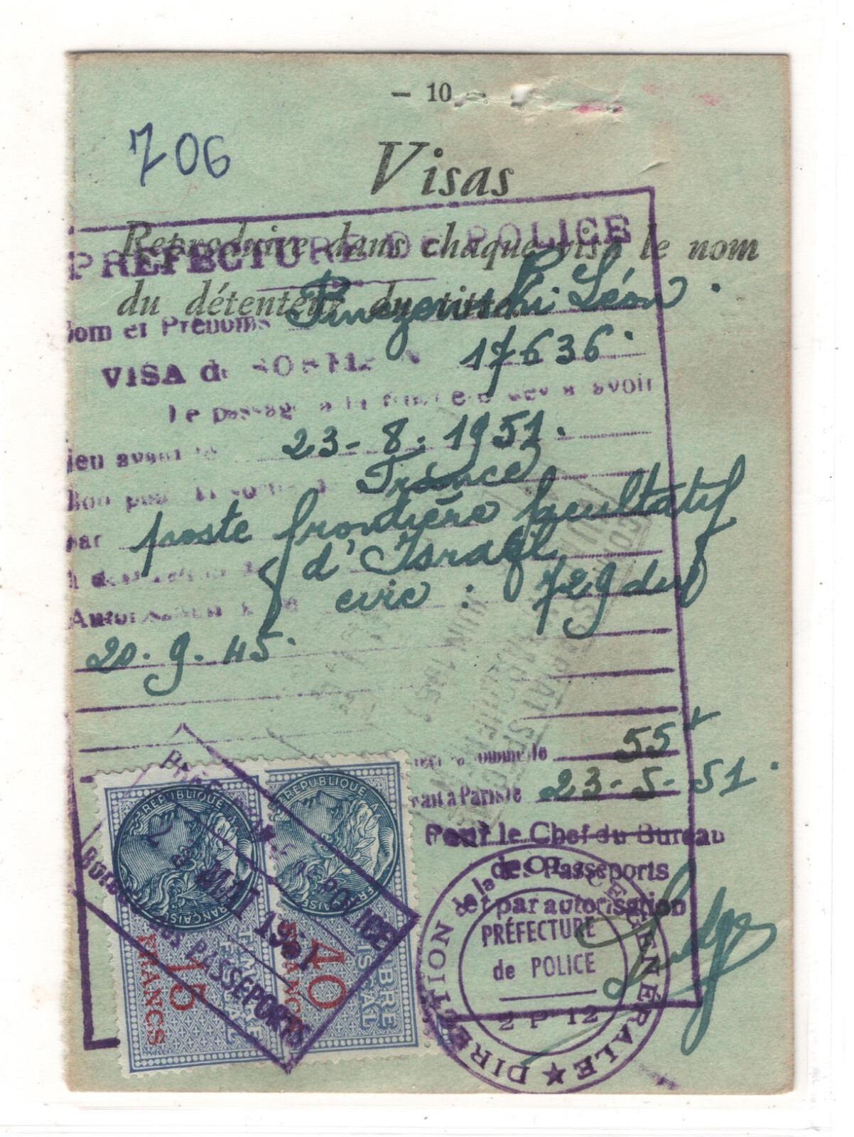 ISRAEL PASSPORT Page Revenue Stamp 1951 Paris IMMIGRANT Judaica PIMCZEWSKI MA189 - Image 4