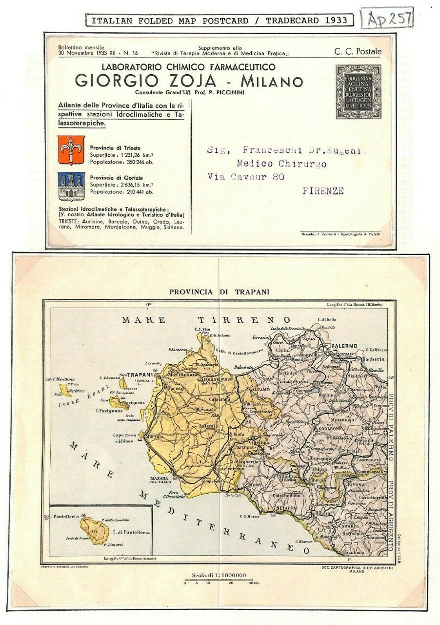 ITALY Advert Cards TRIESTE/SICILY TRAPANI Folded Map PHARMACEUTICALS 1933 Ap257