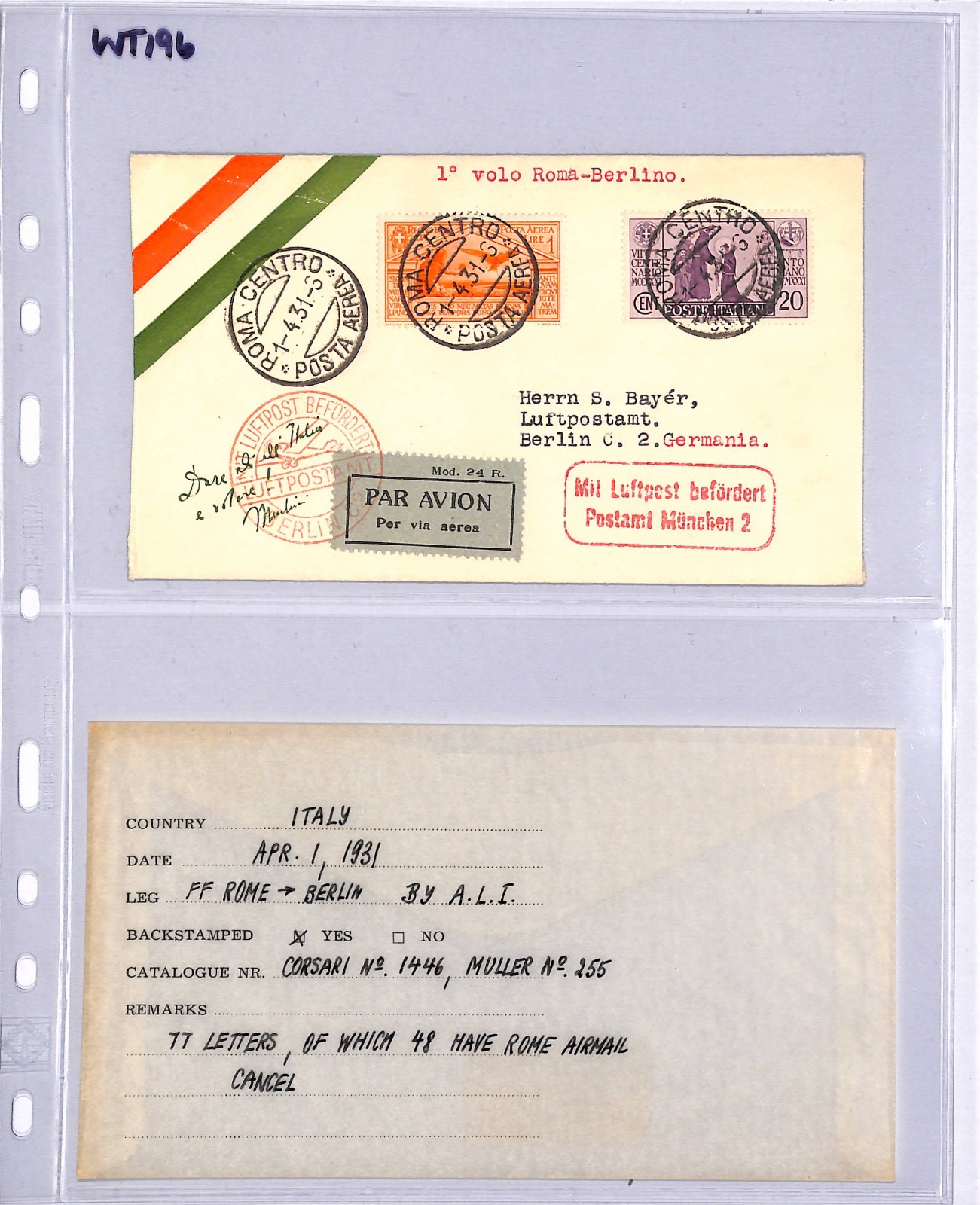 ITALY Air Mail Cover ALI FIRST FLIGHT GERMANY Berlin Rome 1931{Samwells}WT196 - Image 4