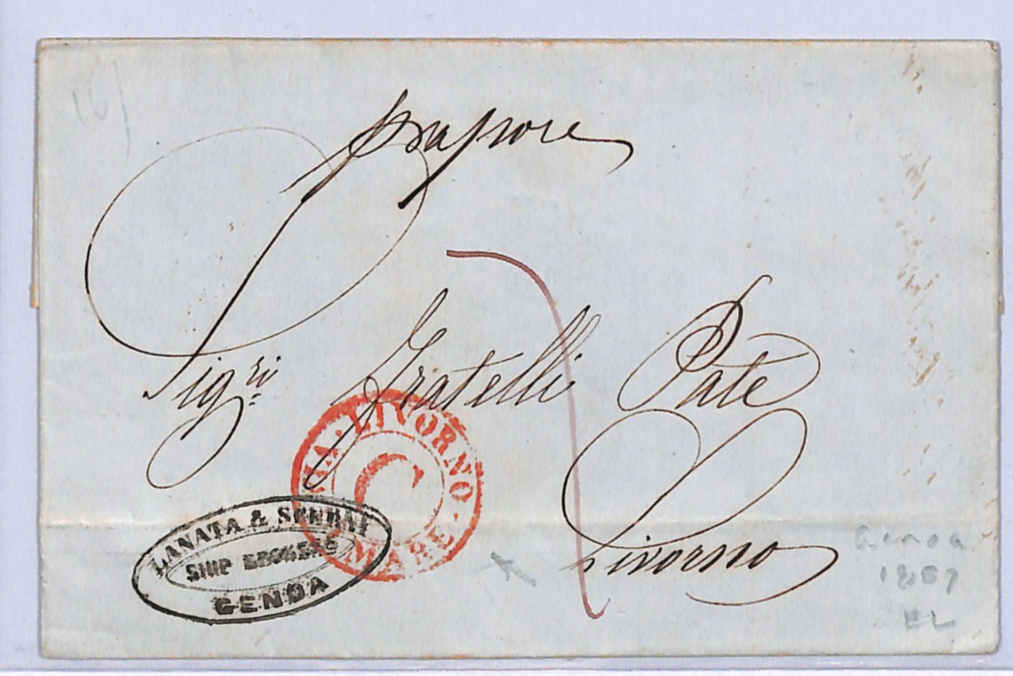ITALY Cover 1857 EL Genova *LIVORNO/C/VIA DI MARE* Super RED Ship Letter WO83 - Image 3