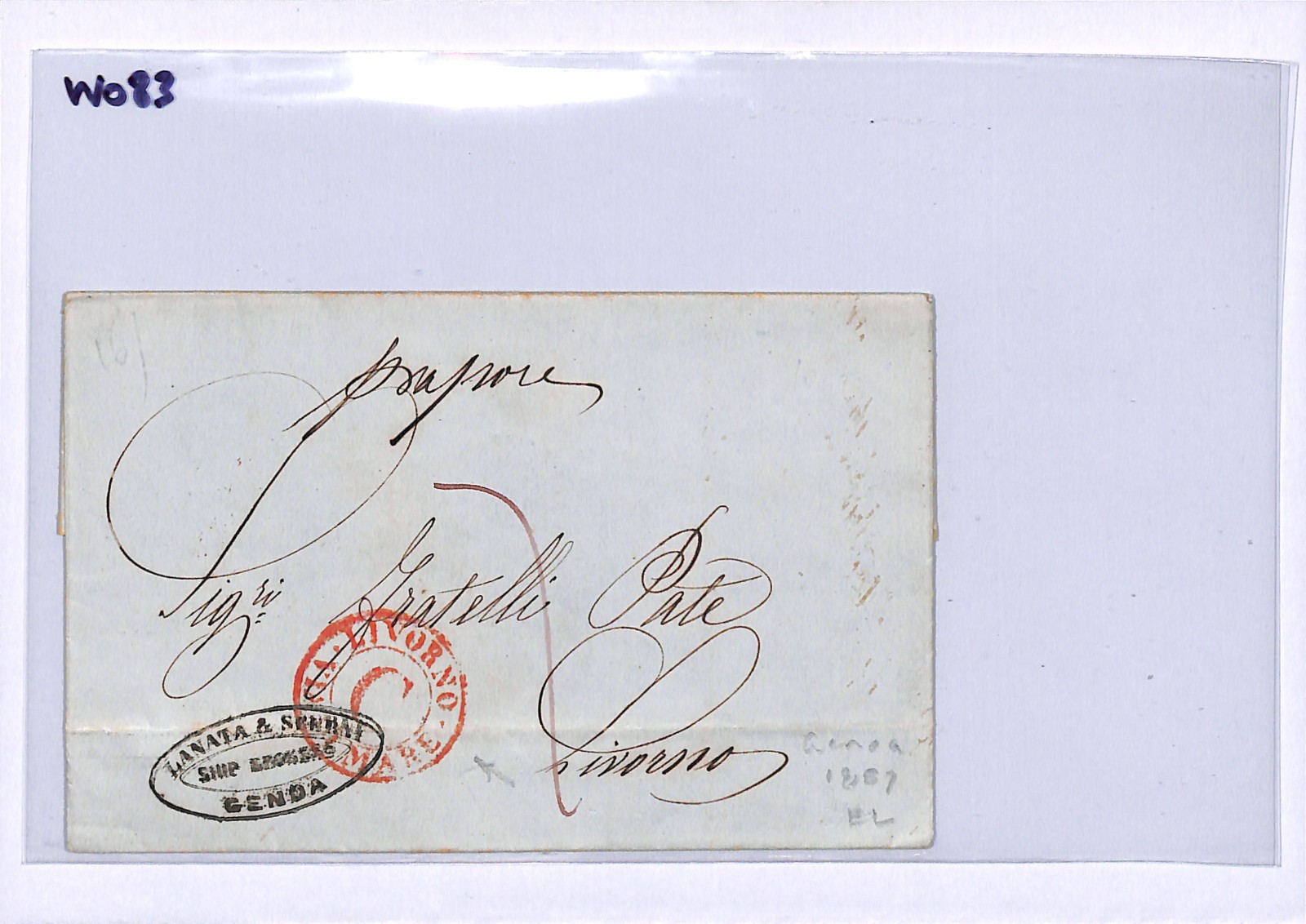 ITALY Cover 1857 EL Genova *LIVORNO/C/VIA DI MARE* Super RED Ship Letter WO83 - Image 5