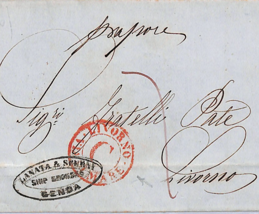 ITALY Cover 1857 EL Genova *LIVORNO/C/VIA DI MARE* Super RED Ship Letter WO83