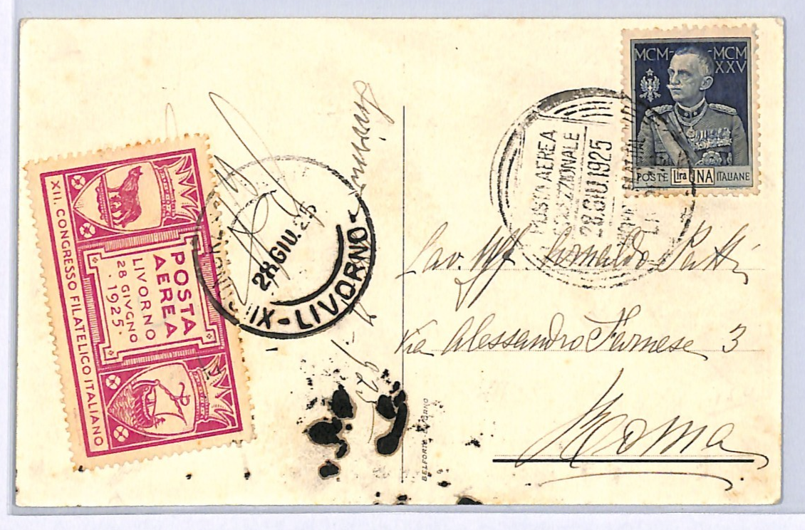 ITALY EXHIBITION Air Mail Label Card 1925 PHILATELIC CONGRESS Livorno Rome WQ17