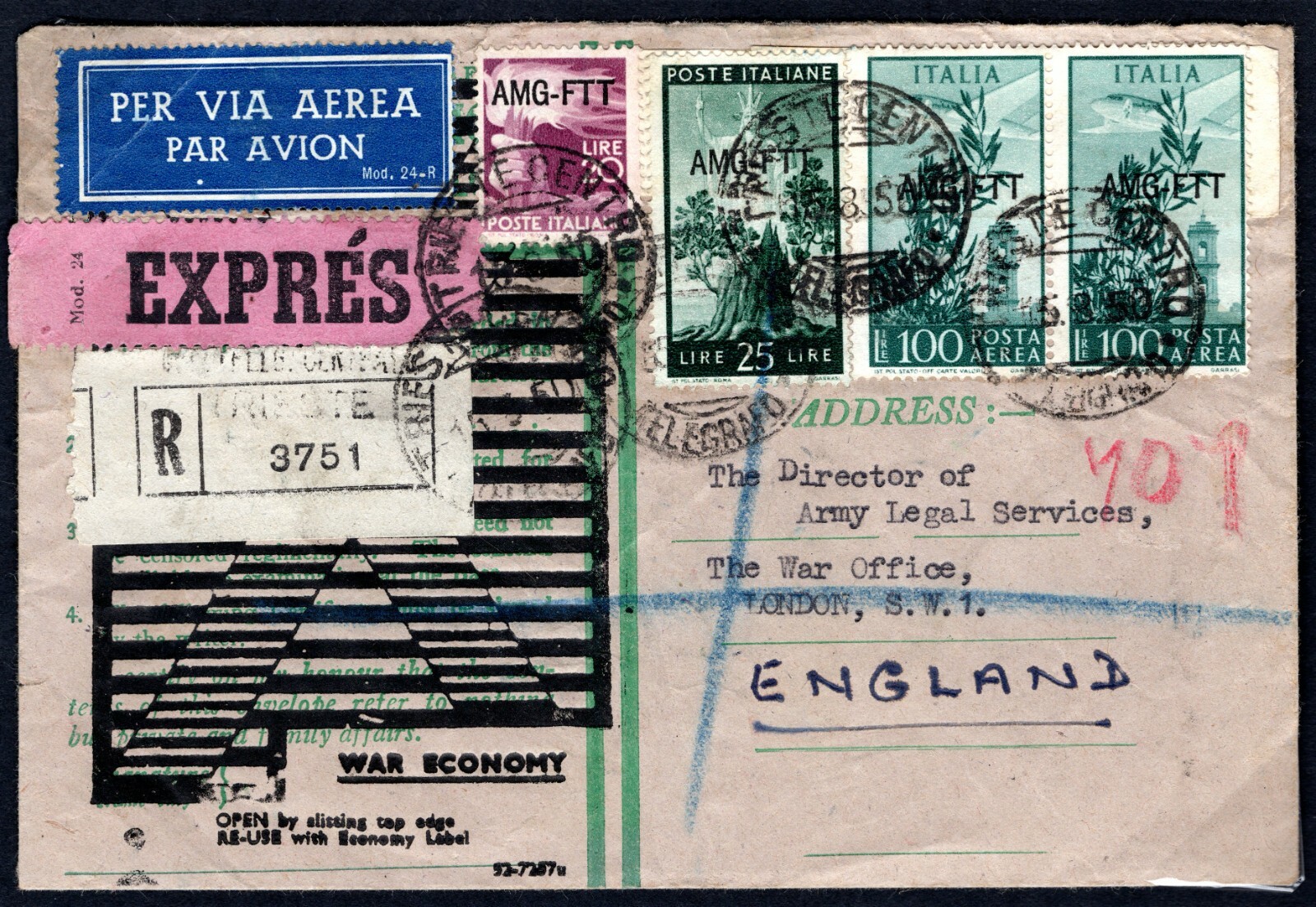 ITALY Express Air Cover TRIESTE *AMG-FTT* Overprint GB WAR ECONOMY Env MC365