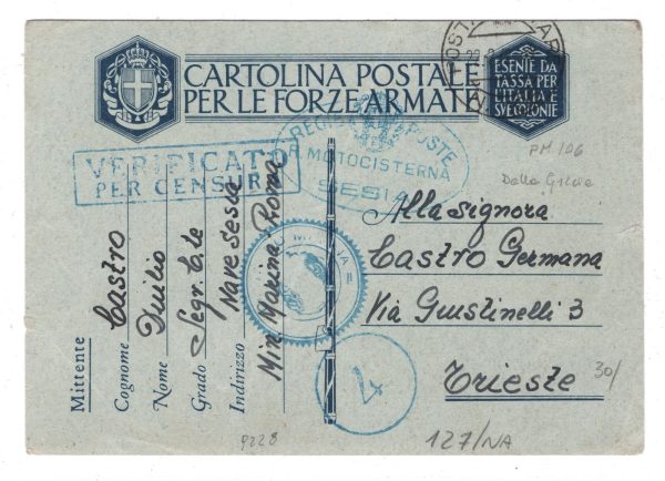 ITALY NAVAL Greece WW2 Card SHIP *MOTOCISTERNA SESIA* 1942 Censor Trieste XD139 - Image 3