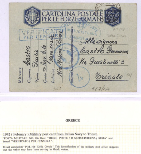 ITALY NAVAL Greece WW2 Card SHIP *MOTOCISTERNA SESIA* 1942 Censor Trieste XD139 - Image 4