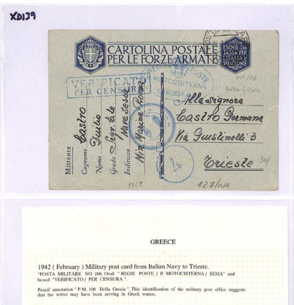 ITALY NAVAL Greece WW2 Card SHIP *MOTOCISTERNA SESIA* 1942 Censor Trieste XD139 - Image 9