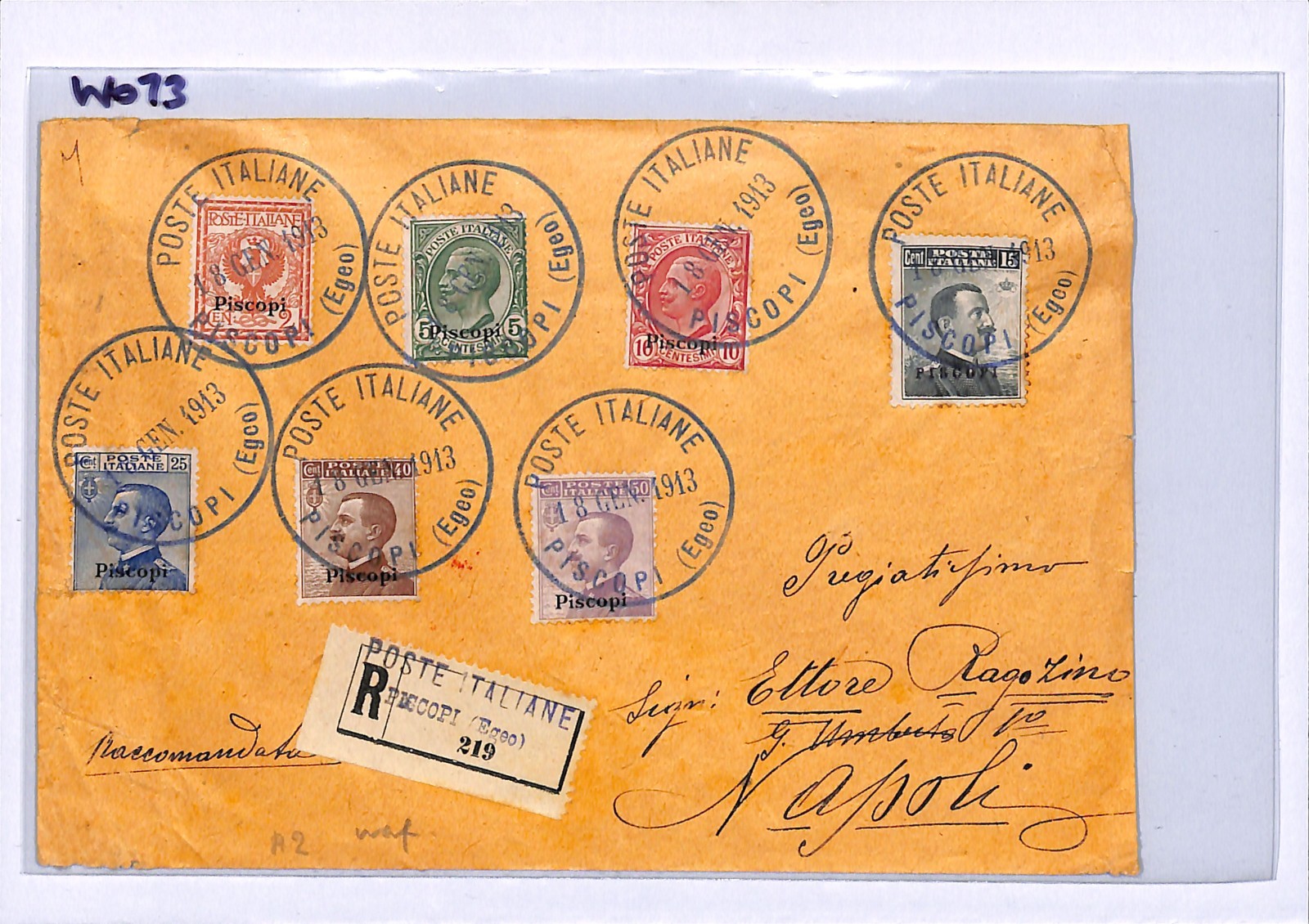 ITALY PO ABROAD Greece *PISCOPI* Overprints{7} Cover Registered 1913 Naples WO73 - Image 6