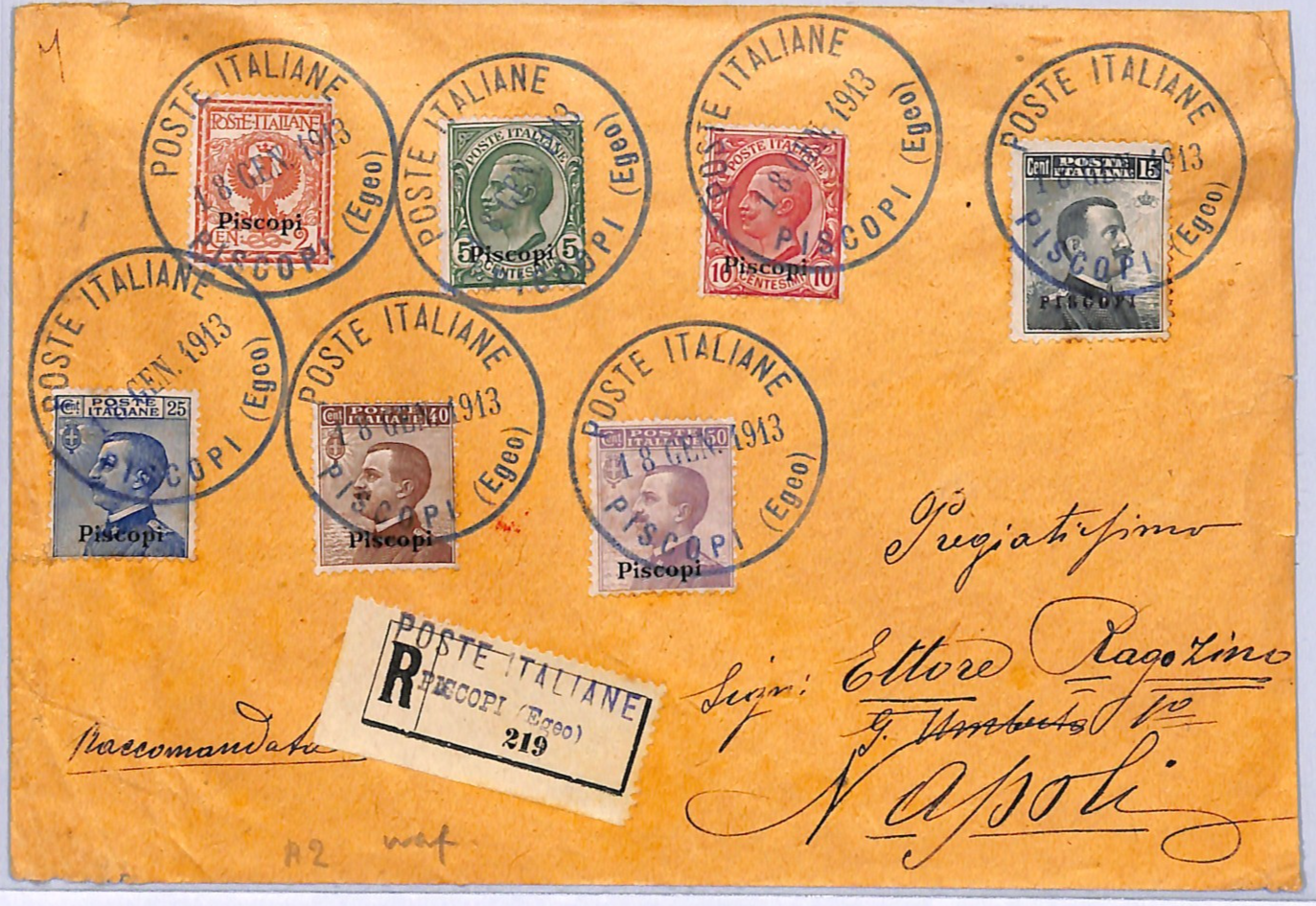 ITALY PO ABROAD Greece *PISCOPI* Overprints{7} Cover Registered 1913 Naples WO73