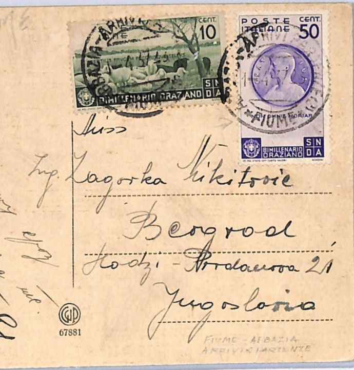 ITALY USED CROATIA Postcard *ABBAZIA-FIUME* 1937 TPO Railway Mail Serbia WG58 - Image 3