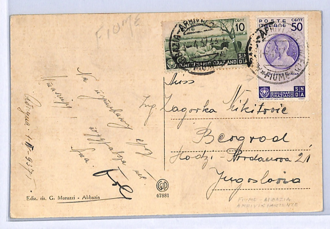 ITALY USED CROATIA Postcard *ABBAZIA-FIUME* 1937 TPO Railway Mail Serbia WG58 - Image 4