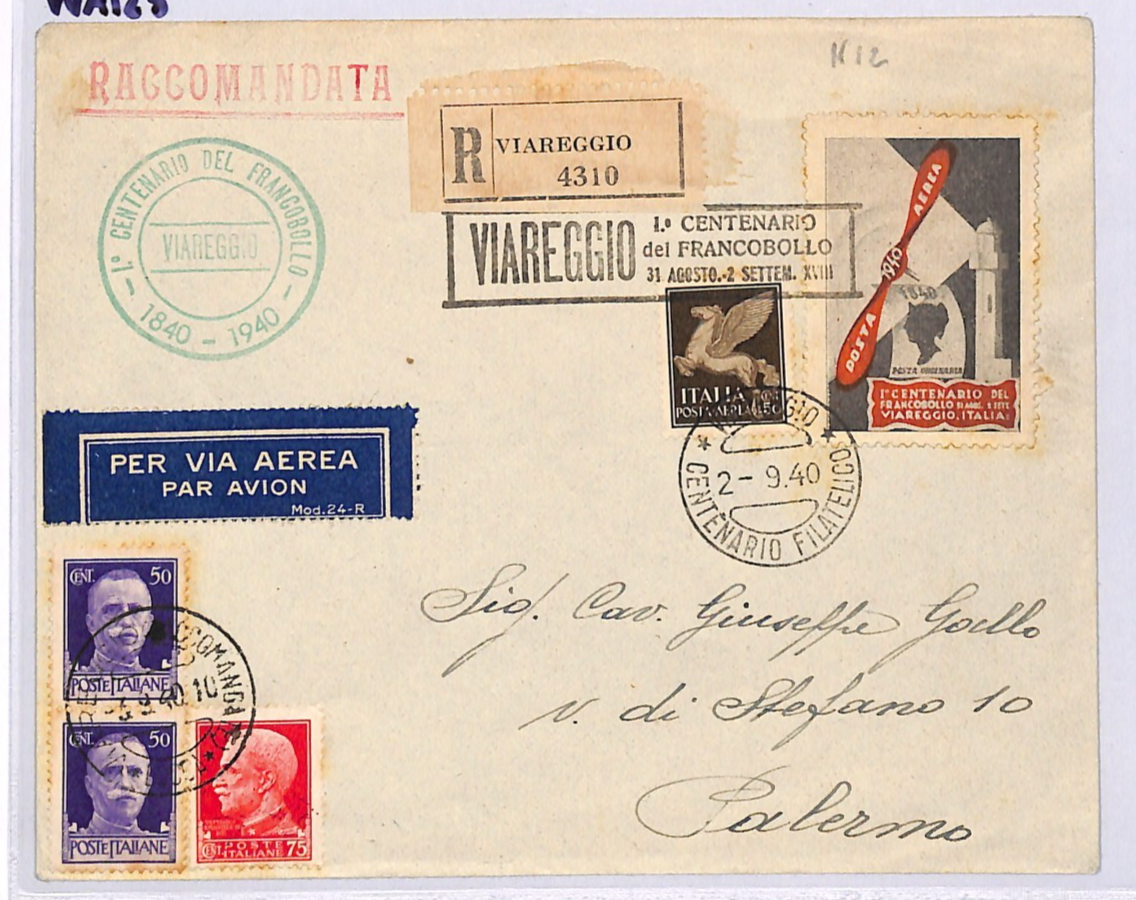 ITALY WW2 Cover 1940 STAMP CENTENARY VIAREGGIO Label Registered Palermo WA125 - Image 3